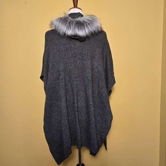 Anne Klein Hooded Zip Up Faux Fur Leather Trim Poncho Grey Sweater Large Zip Up - Picture 3 of 8